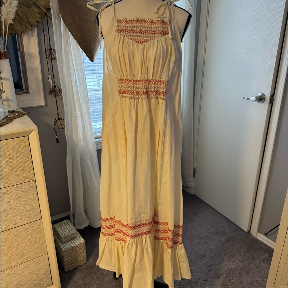 Free People Cream Smocked Ruffled Sundress